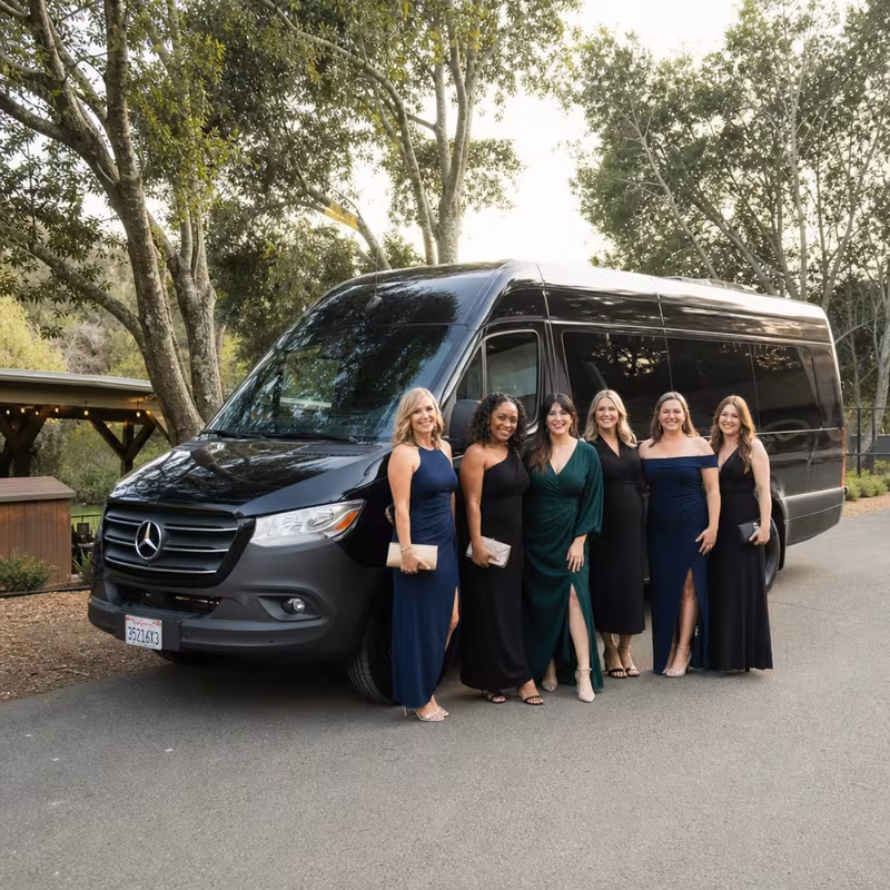 Group beside a Mercedes Sprinter limo from the Santa Rosa fleet