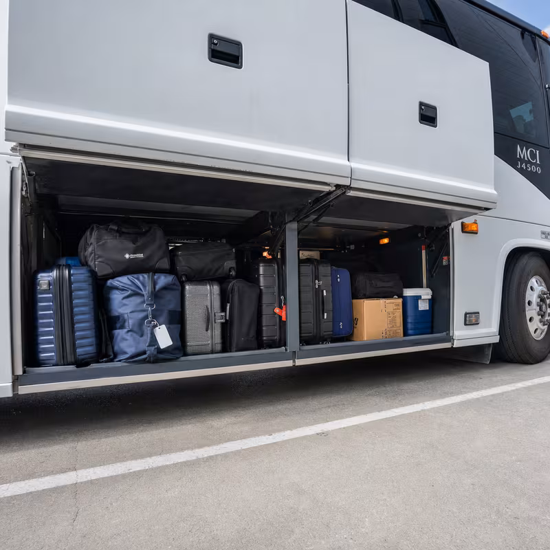 Party bus interior with wraparound leather seating and LED lighting in Santa Rosa
