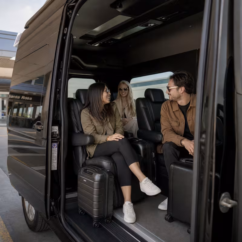 Passengers loading luggage while boarding an Santa Rosa group shuttle
