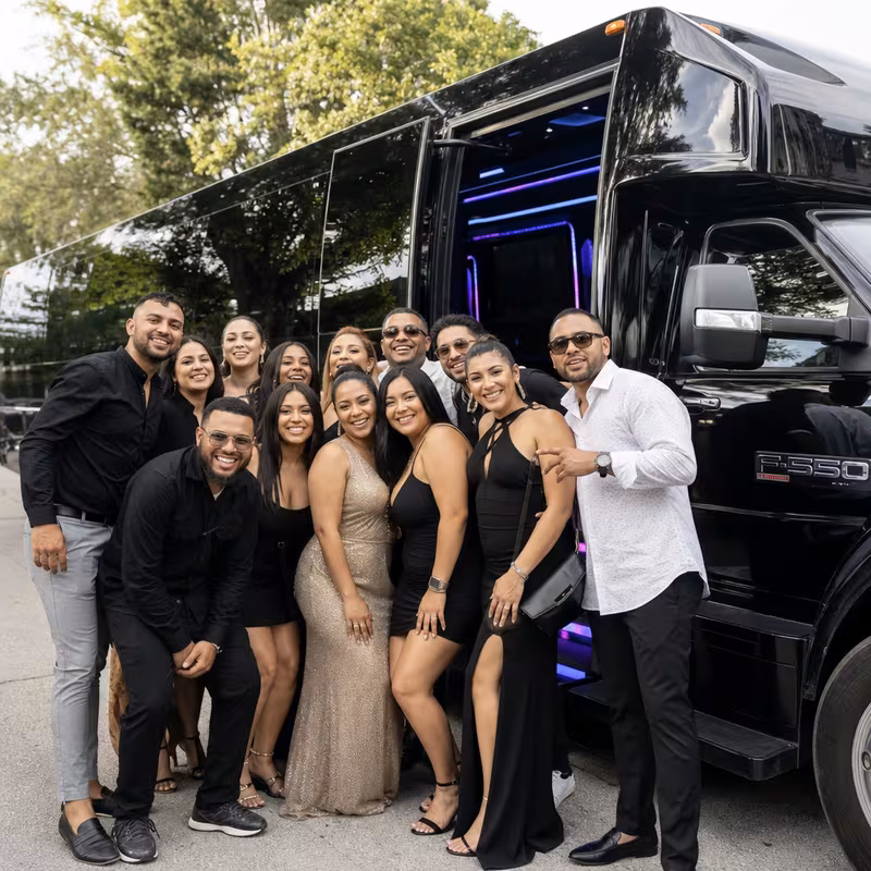 Party bus interior with wraparound leather seating and LED lighting in Santa Rosa