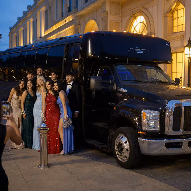 Party bus interior with wraparound leather seating and LED lighting in Santa Rosa