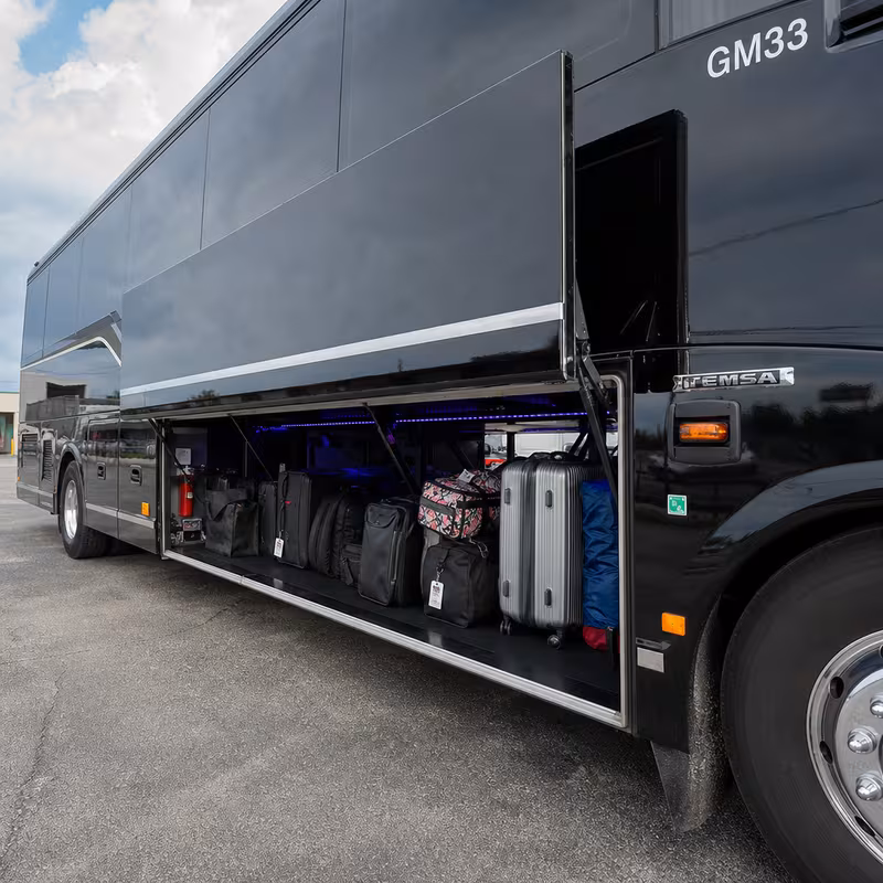 Party bus interior with wraparound leather seating and LED lighting in Santa Rosa