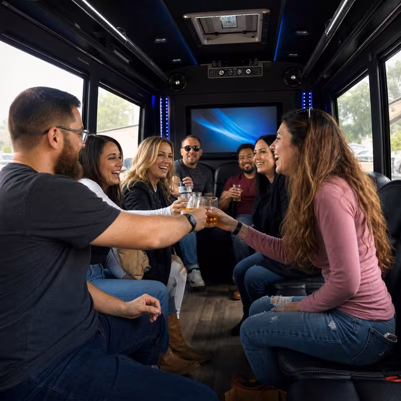 Group boarding a white charter bus for Winery & Brewery Tour Transportation transportation in Santa Rosa